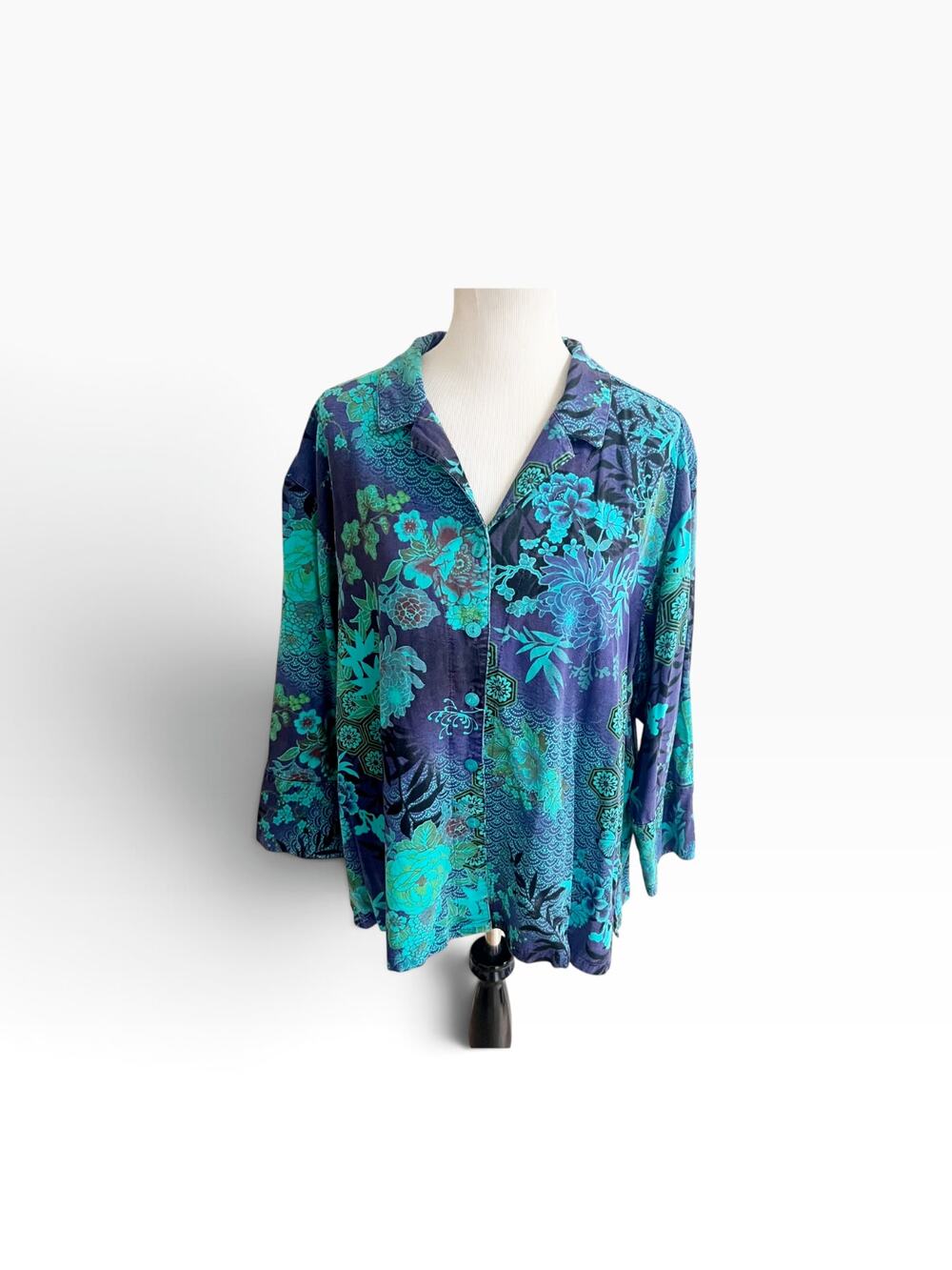 Tianello Button-Up Blouse Womens L Teal Blue Floral Notch Lapel Boho Resort Wear